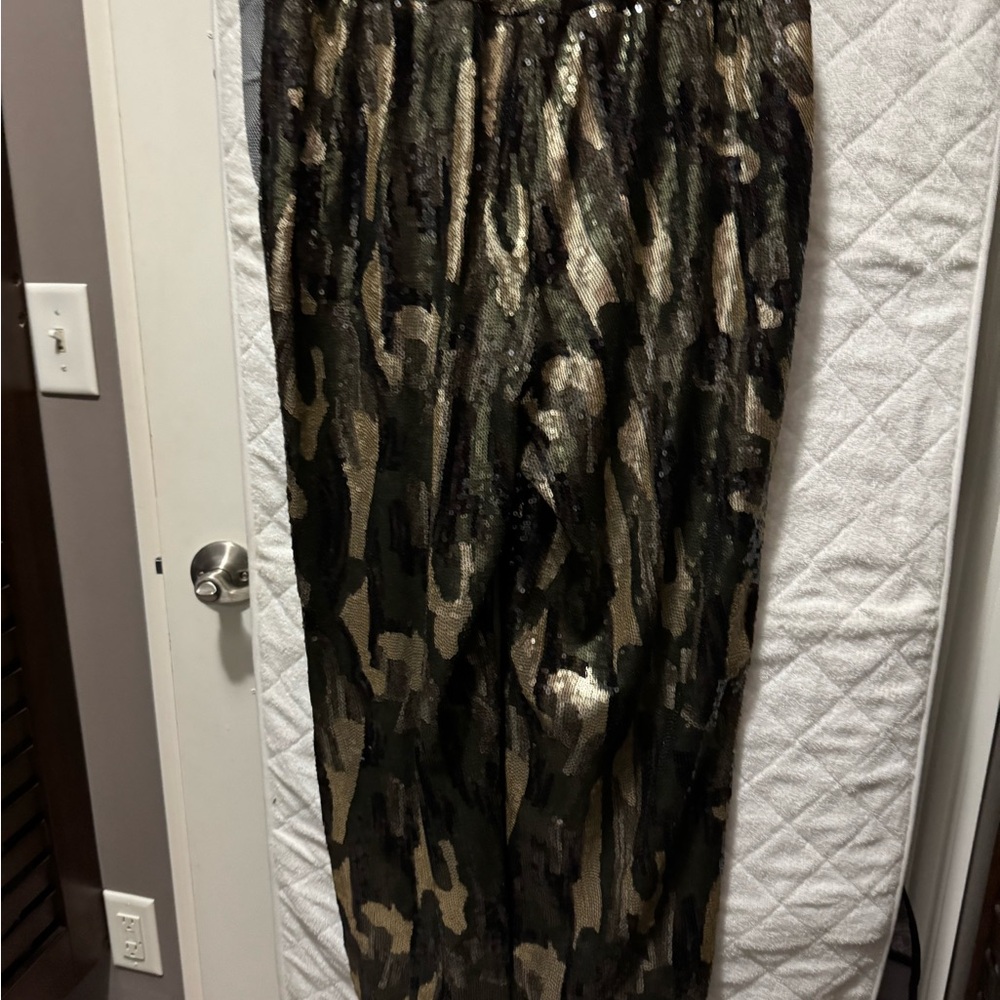 Anthropologie Sequin Camo Trouser Pants in Brown and Tan